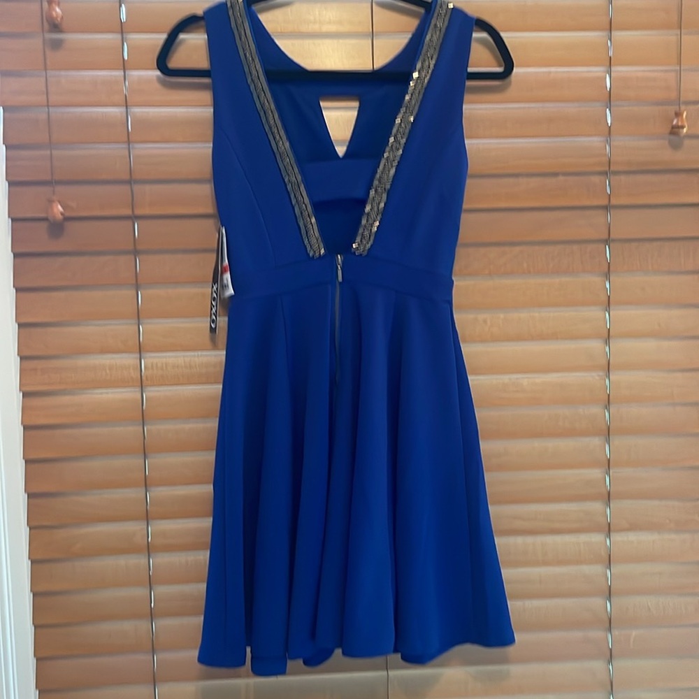 XOXO Blue and Gold Embellished Fit and Flare Dress